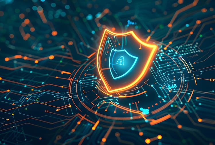 Shield representing cybersecurity over a futuristic overlay.