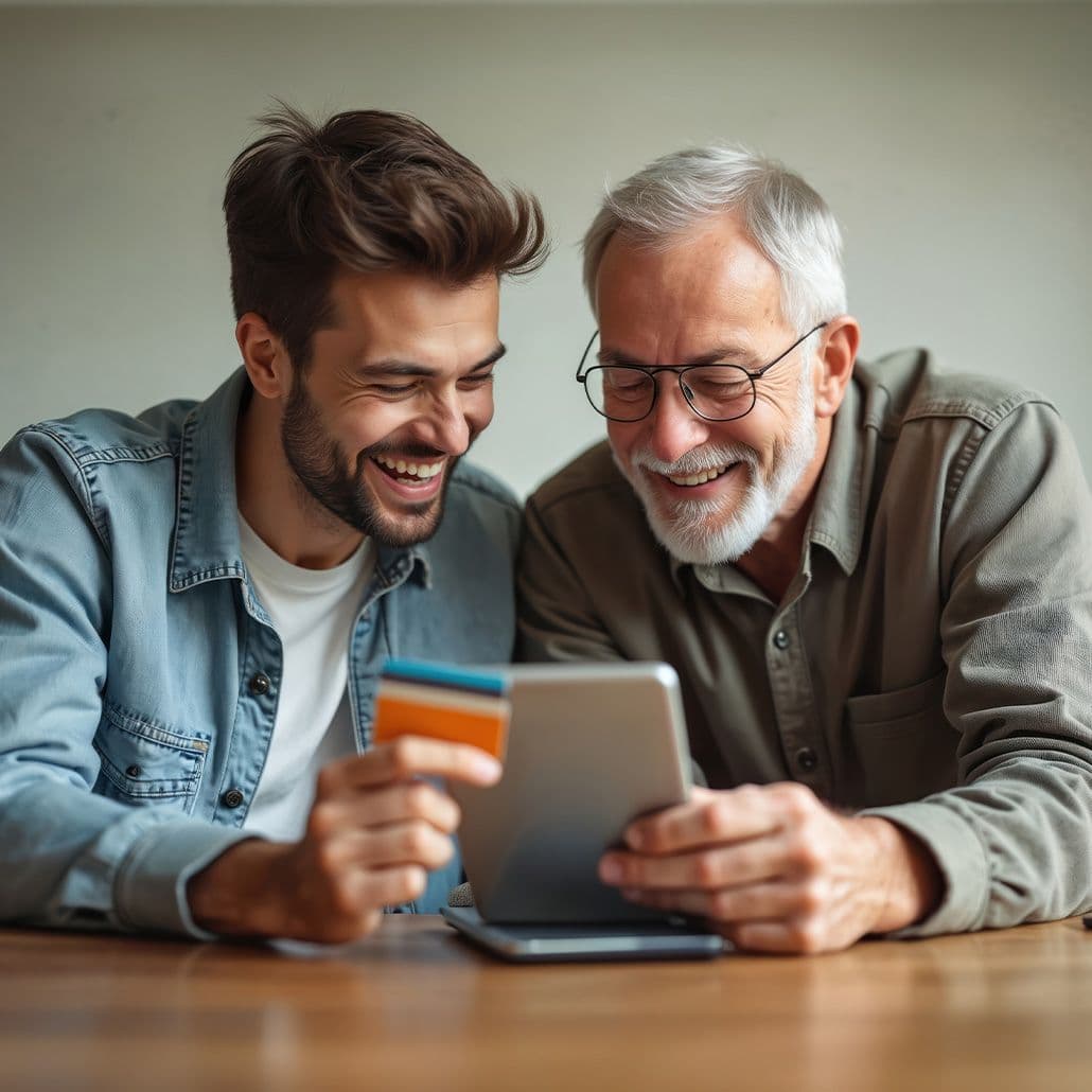 Payments through Generations: Younger man and older man laughing together over a tablet while holding a credit card