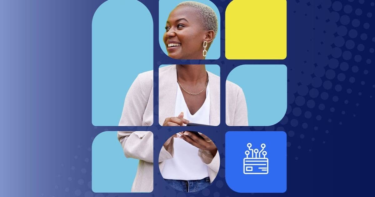 Smiling woman holding a smartphone, framed by a grid of rounded blue and yellow tiles with a connected payment card icon